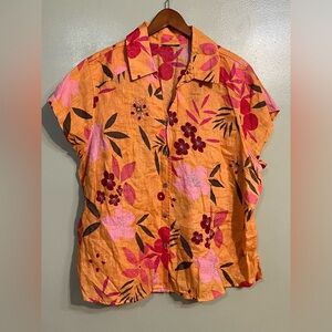 Avenue Womens plus Peach Floral Boho 100% Linen Sequined Button Up Blouse XXL